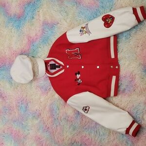 Flat top warm cap with beads and Forever21 Mikey and Friends Varsity jacket